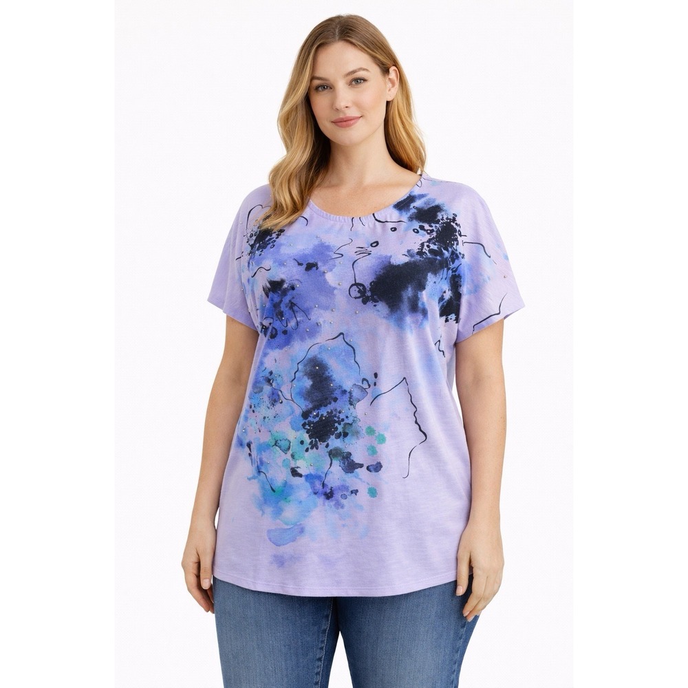 Apt 9 Women 0X Lavender‎ Abstract Studded Blouse Short Sleeve Plus Size Top